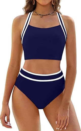 F&amp;M FASHION Women's Two Piece High Waisted Sporty Tummy Control Bathing Suit (Navy_Medium)