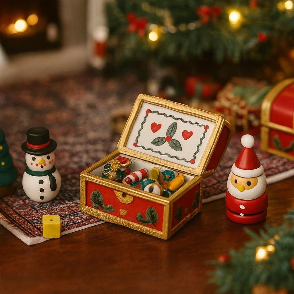 1/12 Dollhouse Miniature Christmas Chest Box, Mini Doll House Christmas Accessories, Wooden Chest Small Decoration for Table Top Decor, Model Scenes, Decorative DIY Crafts & Fairy Garden