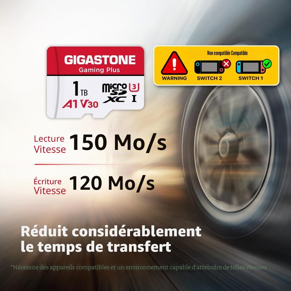 GIGASTONE Carte mémoire Gaming Plus Series de 1 to jusqu'à 150/120 Mo/s pour Nintendo Switch, Steam Deck, Console de Jeu, vidéo 4K A1 V30 U3 MicroSDXC avec Adaptateur SD.