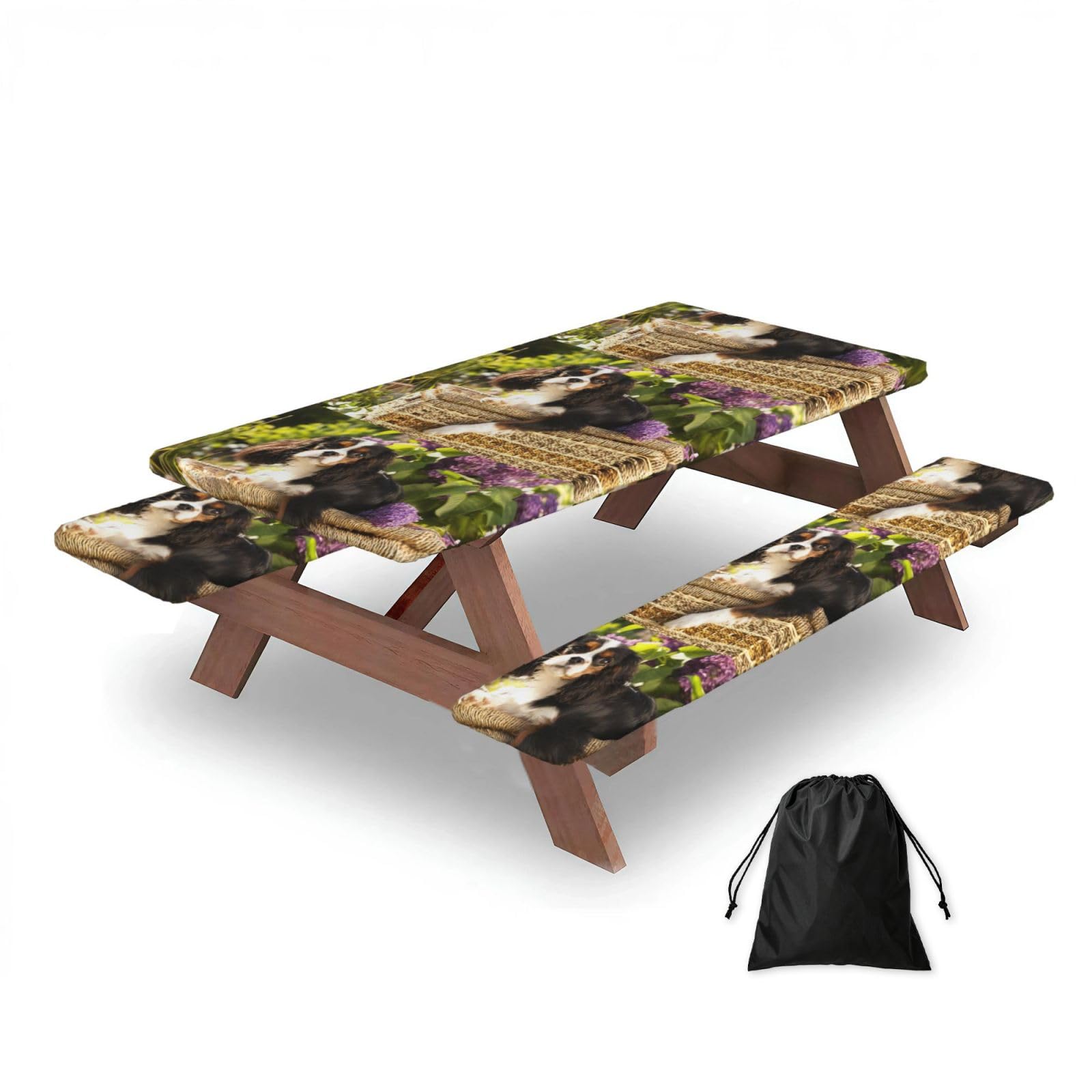 Cavalier King Charles Spaniel, Picnic Table Cover With Bench Covers -Waterproof Elastic Fitted Tablecloth for Garden Camping Patio 76x152cm
