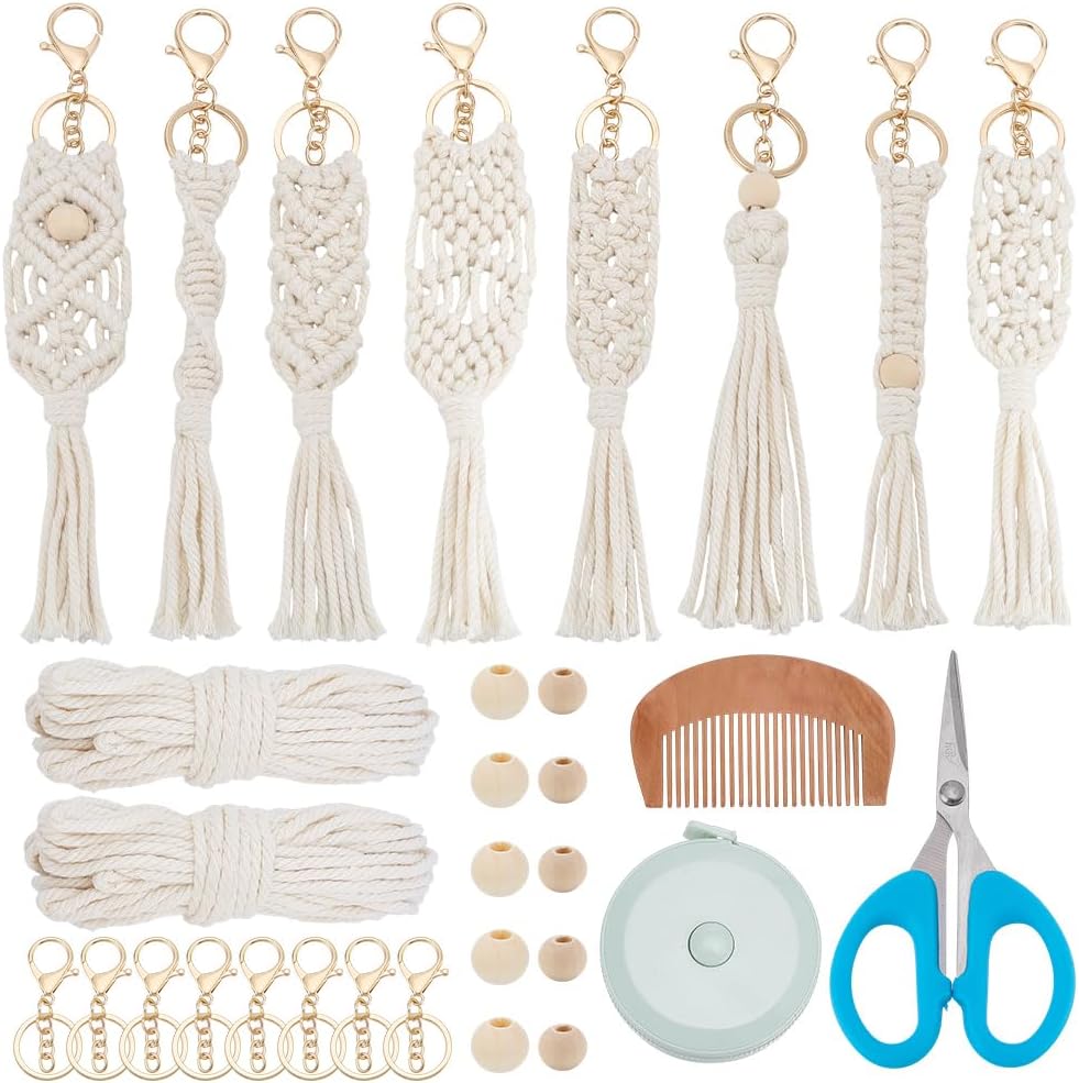INFUNLY 8 Set DIY Macrame Keychain Kits Boho Macrame Keychain Making Kit Bag Tassels with Wood Beads Beige Handmade Keyrings Knotting Set with Instruction for Car Key Purse Phone Wallet Gift