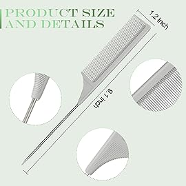 Leinuosen 3 Packs Rat Tail Comb Steel Pin Rat Tail Carbon Fiber Heat Resistant Teasing Combs with Stainless Steel Pintail (Gray)
