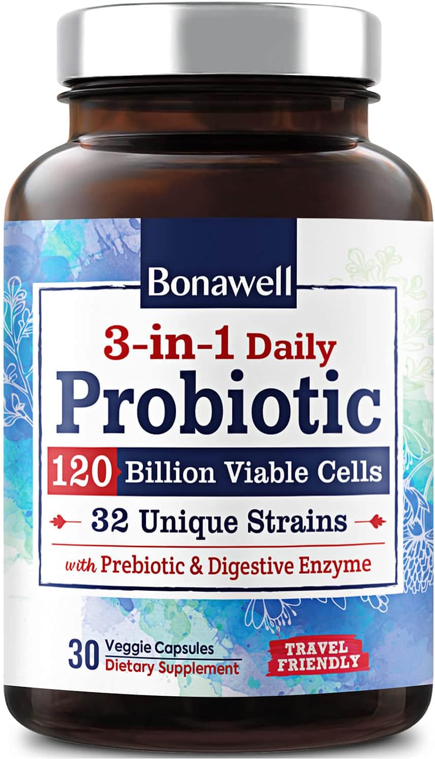 Bonawell 3-in-1 Daily Probiotics 120 Billion CFU 32 Strains with Organic Soluble Prebiotic, Natural Digestive Enzyme for Gut Health, Digestion & Immunity, Shelf-Stable Delayed-Release, 30 Veggie Caps: Health & Personal Care