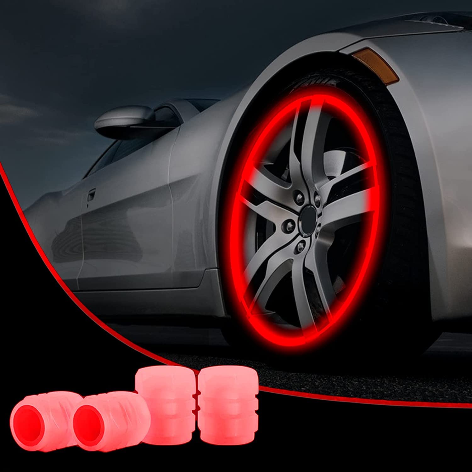FLAFARY Universal Fluorescent Car Tire Valve Caps, Luminous Car Tire Air Valve Cap, Glow in The Dark Durable Tire Pressure Caps for Cars, Motorcycles, SUV, Trucks, and Bicycles(Red, 4)