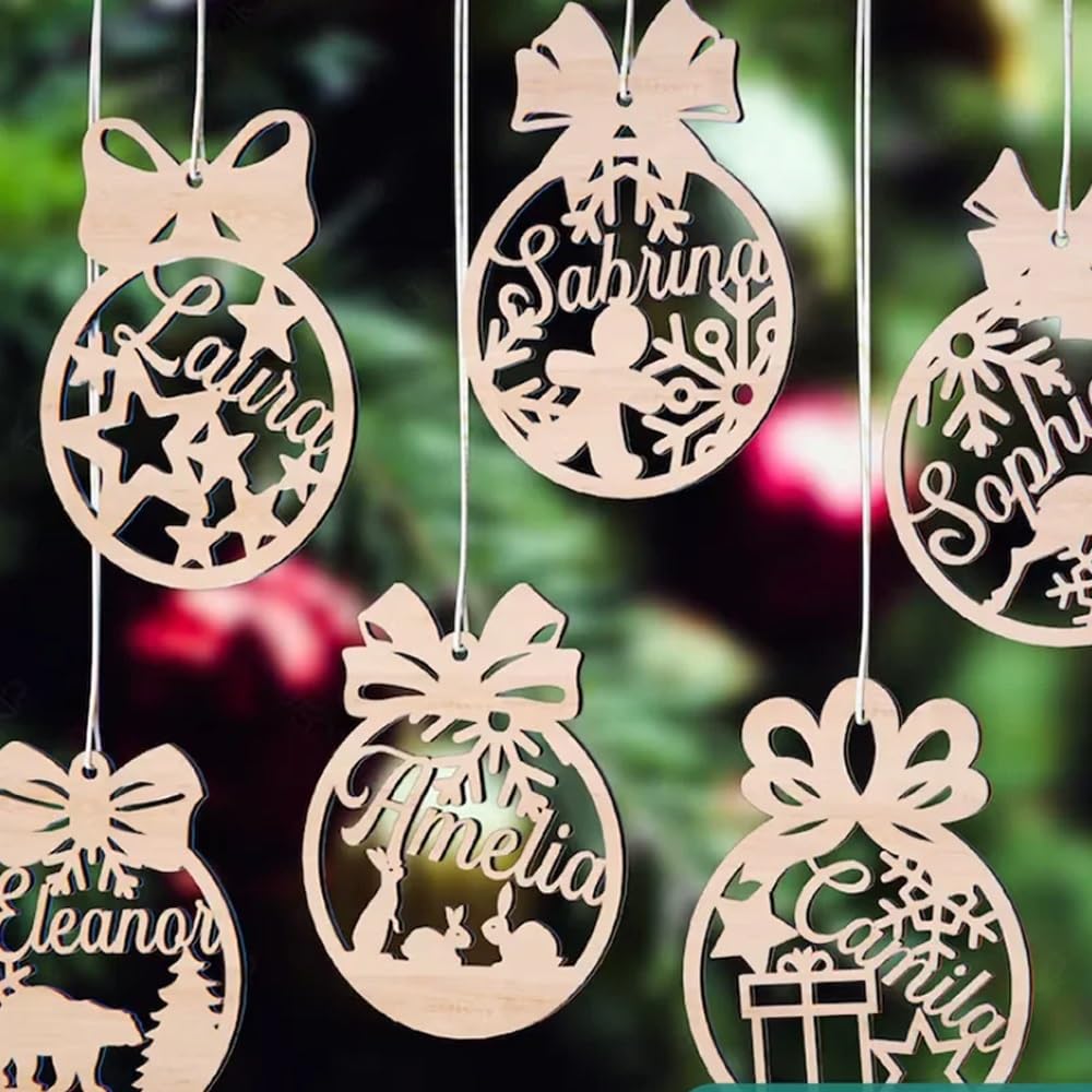 Bolas De Navidad De Madera Personalizada con Nombre - Bolas De Navidad Personalizadas - Decoración para El Arbol Navidad - Adornos De Madera
