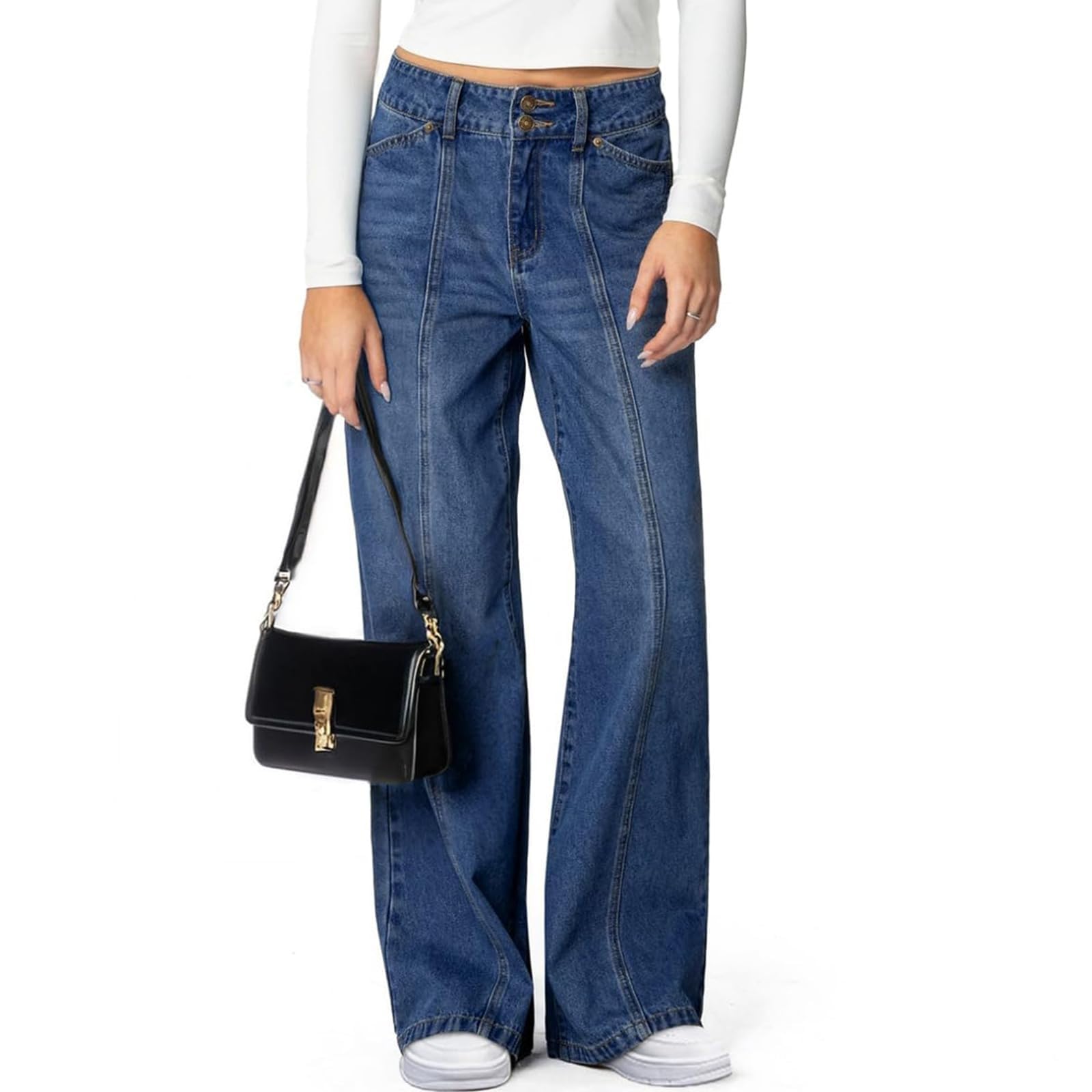 Generisch Szerokie dżinsy damskie Mom Jeans damskie dżinsy z wysokim stanem, spodnie motocyklowe dla kobiet, rozciągliwe, czarne, nadają się do codziennej drogi do pracy