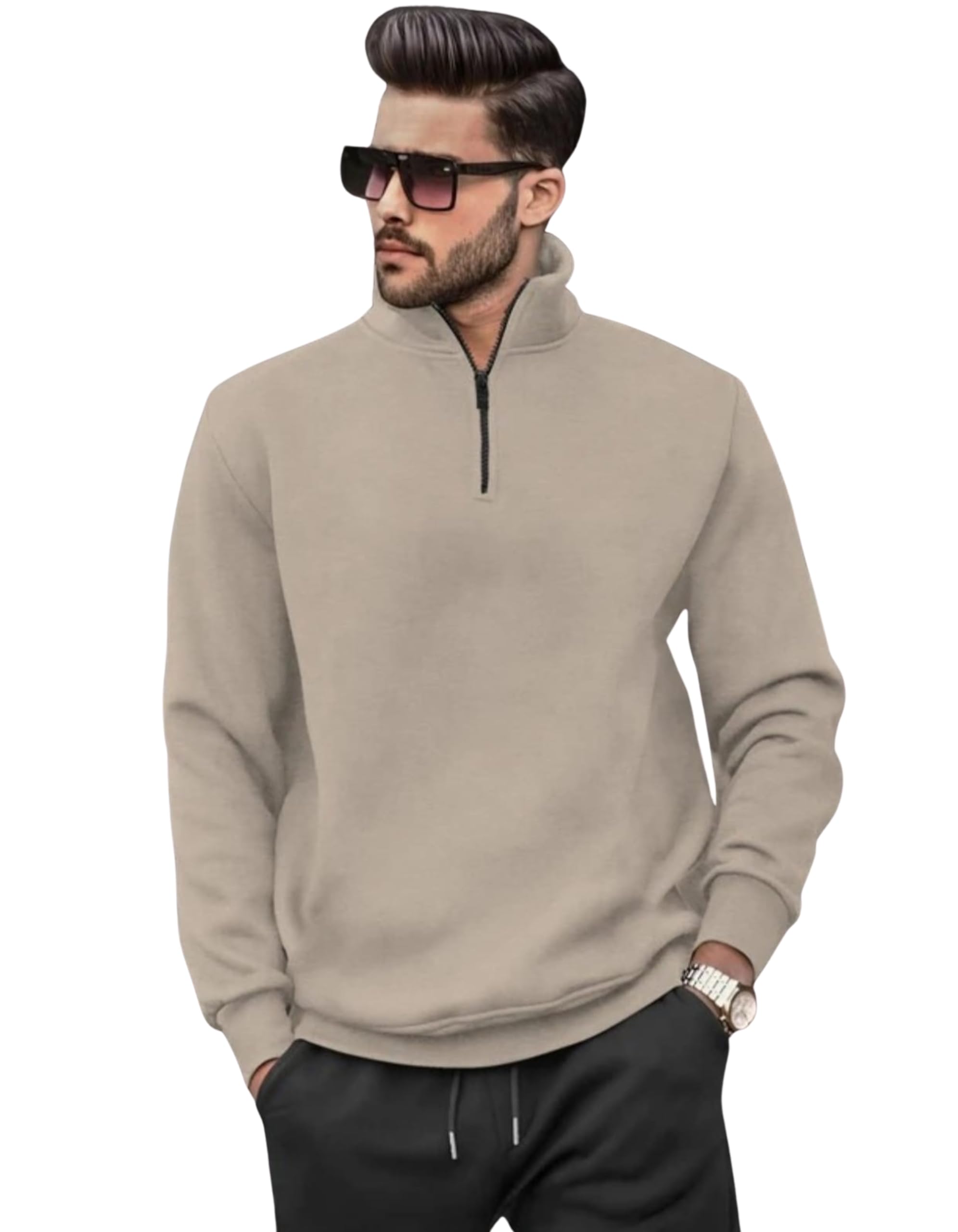Men's Classic Quarter-Zip Pullover Sweatshirt, Black, Long Sleeve, Athletic Casual Style-image-11
