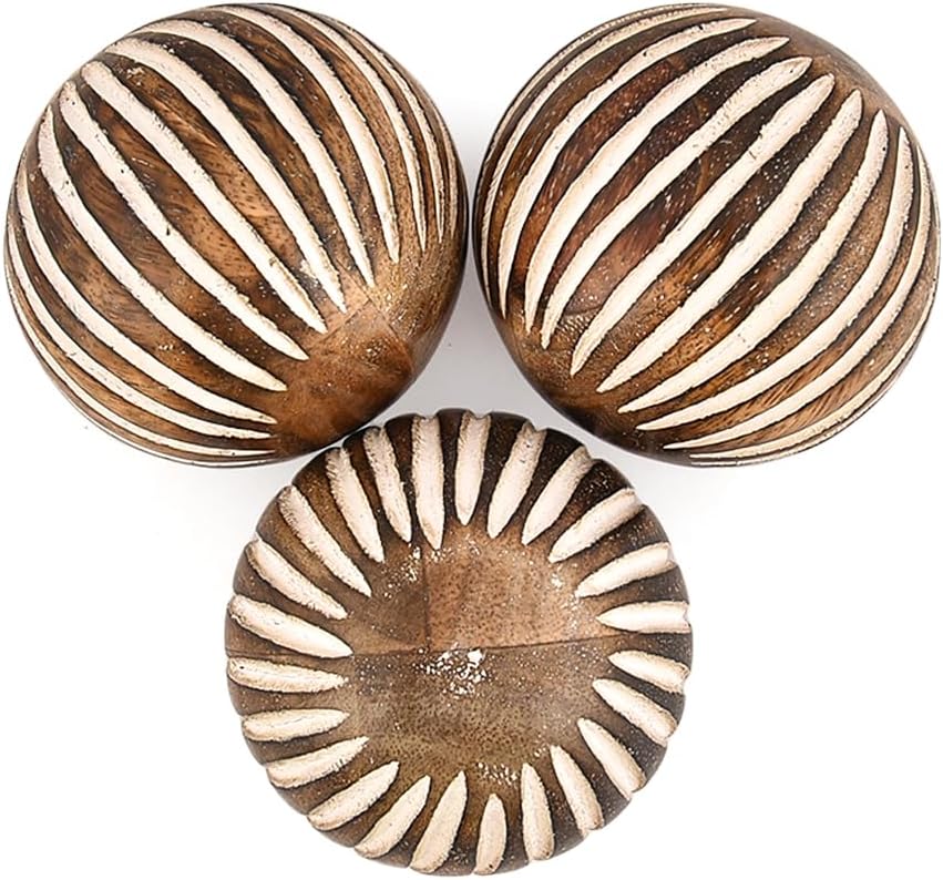 Kimona Decorative Ball Mango Wood Round Balls Set of 3 - Coffee Table Centerpiece Home Décor Living Room, Bedroom, Kitchen (3" x 3" x 3")