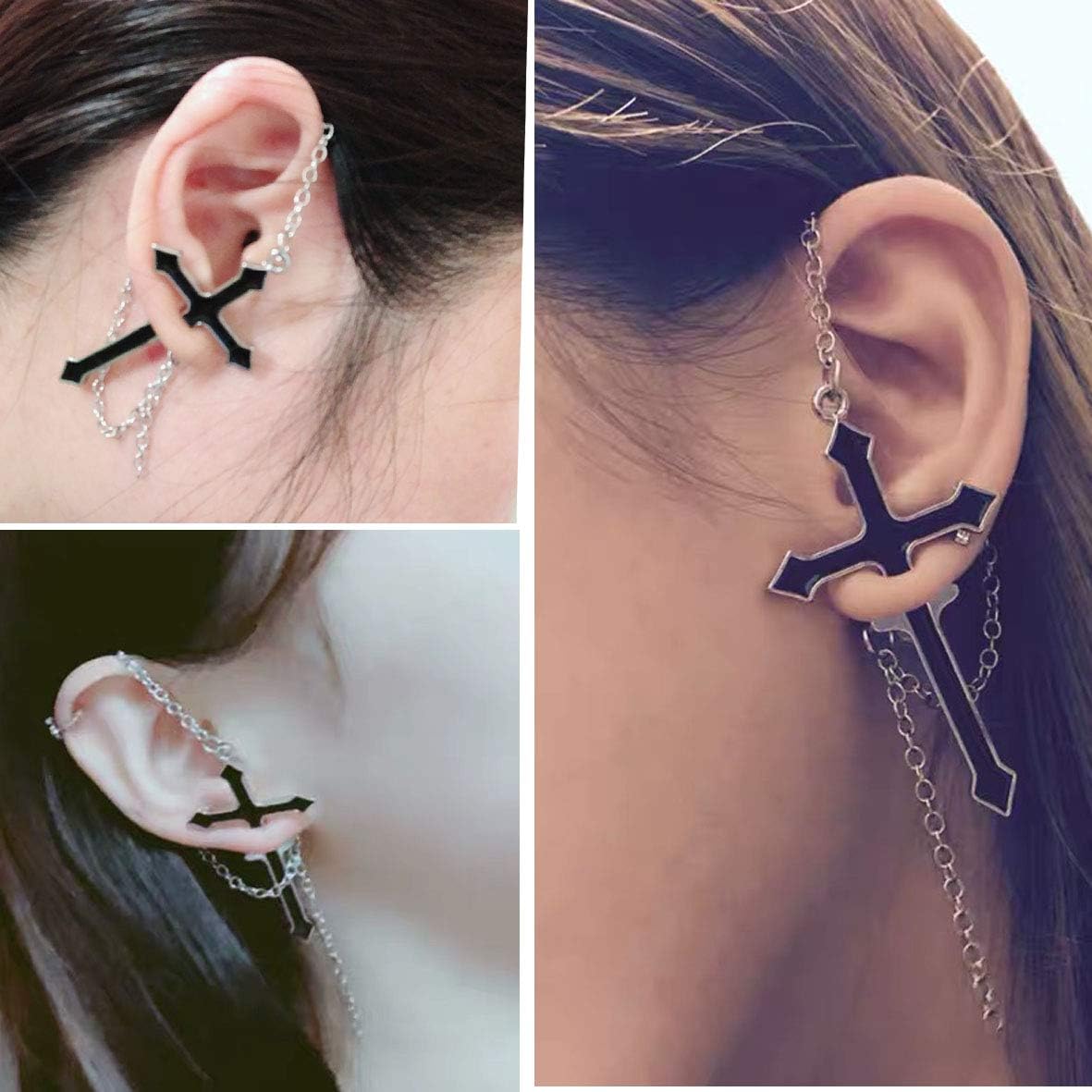 Zittop Hanging Cross Earring,Black Punk Cross Fake Illusion Tunnel Cheater Piercing Stud Earrings,Mens Womens Stud Earrings