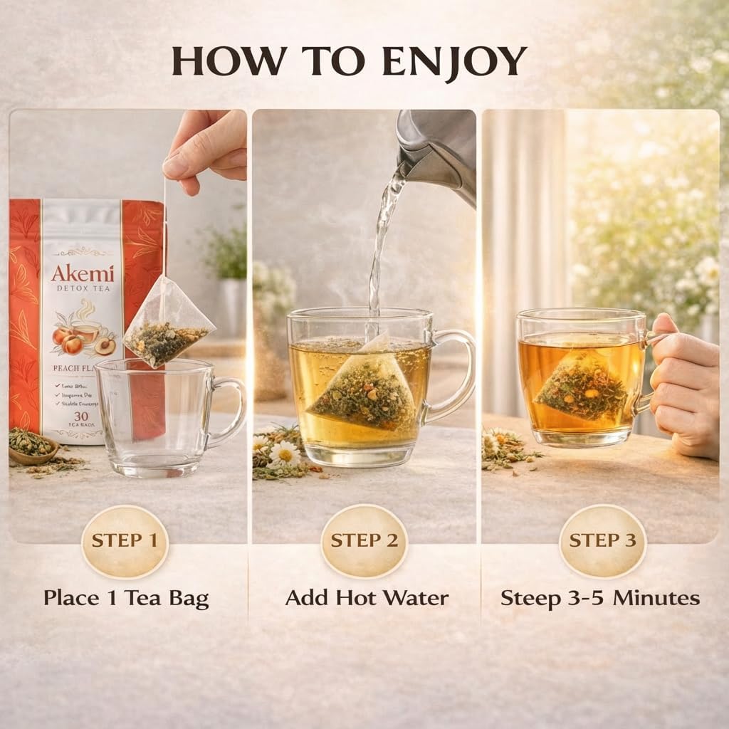 Akemi Detox Tea, Liver & kidney Detox Tea With Dandelion herbal Tea Goji Berries Ginseng Milk Thistle, Yerba Mate, Oolong, stevia leaf, Peach Flavor 30Bags