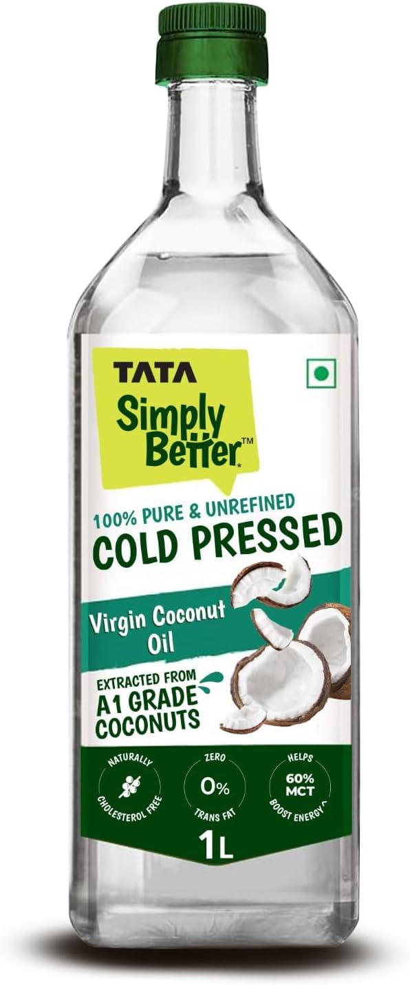 Tata Simply Better Pure and Unrefined Cold Pressed Virgin Coconut Oil, Naturally Cholesterol Free, Coconut Oil with Rich Aroma & Flavour of Real Coconuts, Can Be Used in Daily Cooking, Multipurpose