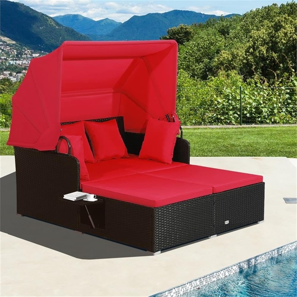 Pemberly Row Patio Rattan Daybed Lounge, Retractable Red Canopy, Durable Hand-Woven PE Rattan with Metal Frame, Soft Cushions, Side Storage Trays, Outdoor Furniture for Backyard or Poolside Relaxation