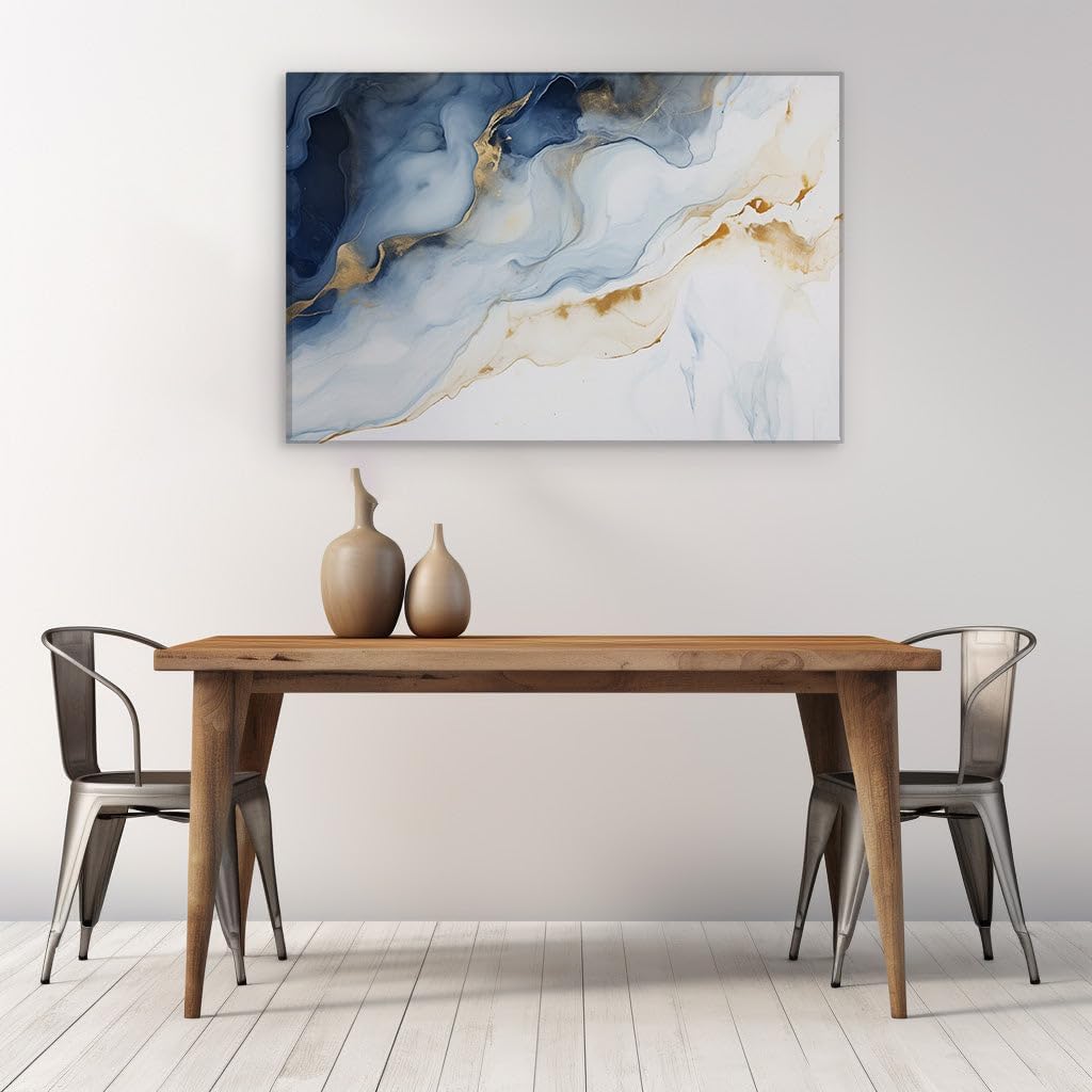 Canvas for Living room. Flowing Elegance in Blue and Gold � Discover the Serenity of Liquid Art Mastery, 27 x 18 inch Canvas Wall Art - Contemporary Masterpieces - Modern Home Decor