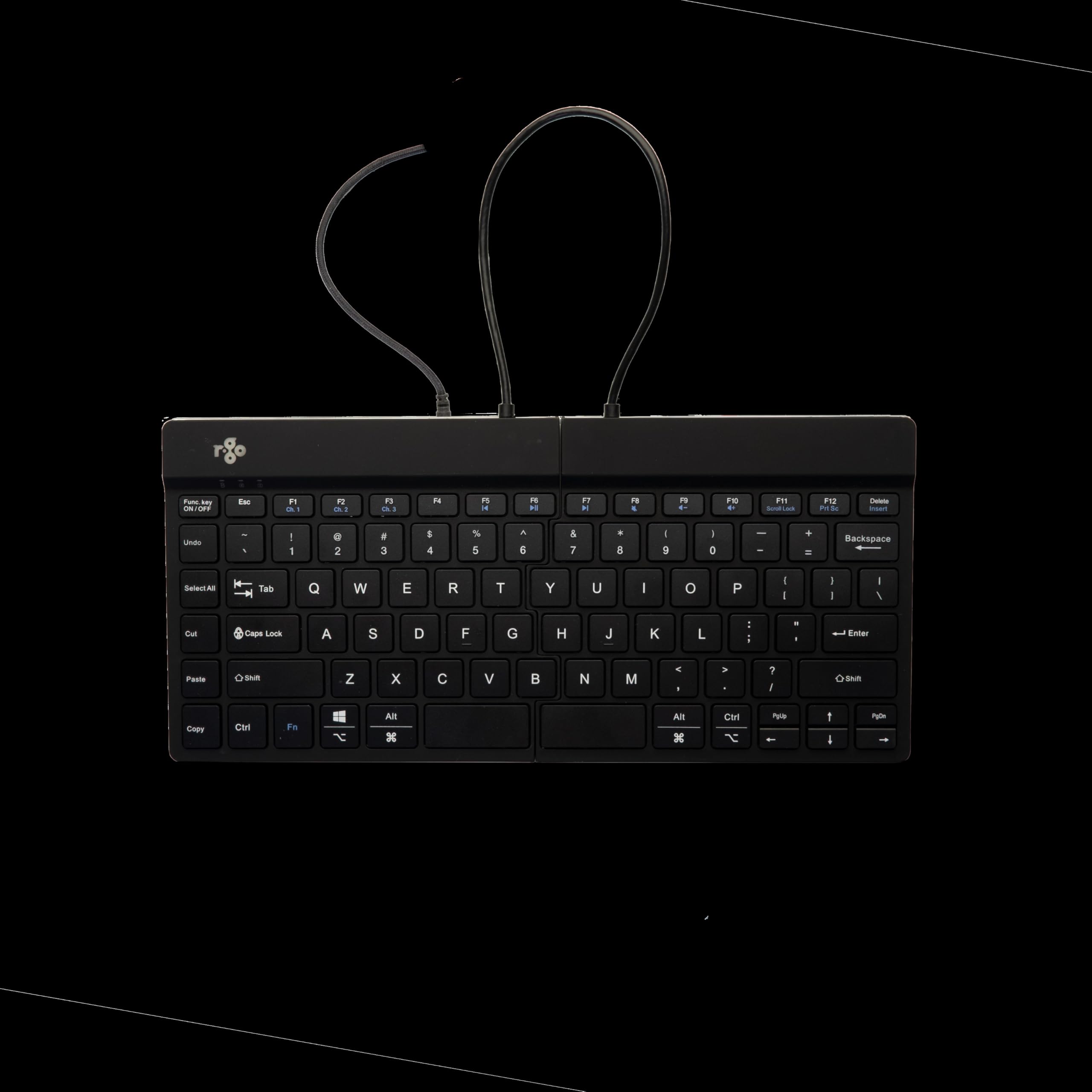R-Go Split Tastatur Zweiteilig, Ergonomische Design mit Geteilte Tastenfeld und Integrierter Pausenanzeige, QWERTY (US) Layout, USB-C/A Kabelgebunden, Schwarz, Version 2