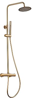 VALAZ Columna Ducha Termostatica Dorado Cepillado Protección PVD, Lluvia, Mezclador Agua Fría y Caliente, Ahorro de Agua, Instalación Fácil, Inoxidable, Longitud 80-120 cm, Rociador 20 cm, Serie Ebro