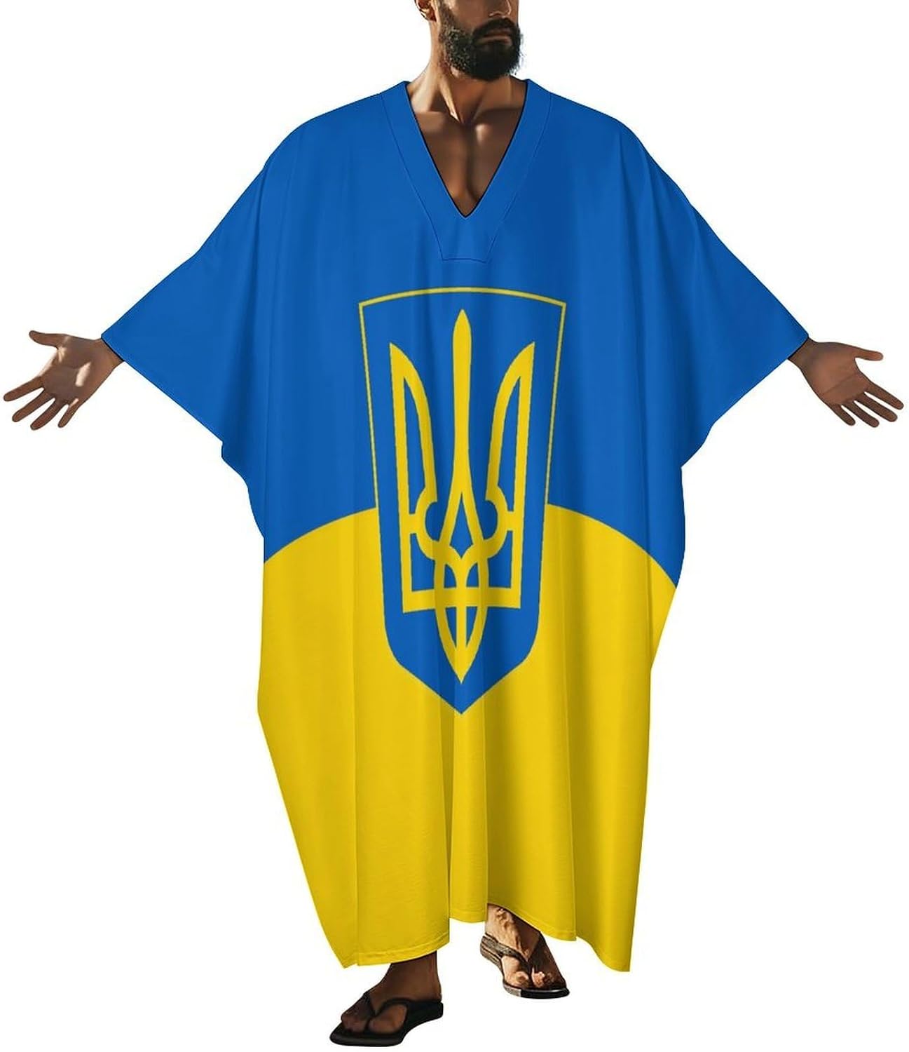 Ukraine Flag National Emblem Men's Kaftan Thobe V-Neck Long Gown Loose Robe