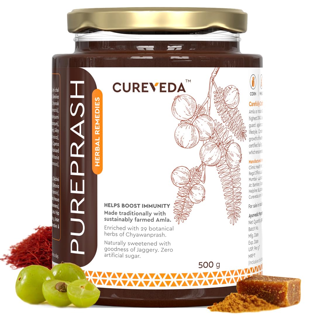 Cureveda Herbal Pureprash Immunity Booster for all age groups- Jaggery based, Saffron Kesar, sugar free Chyawanprash (500gms)