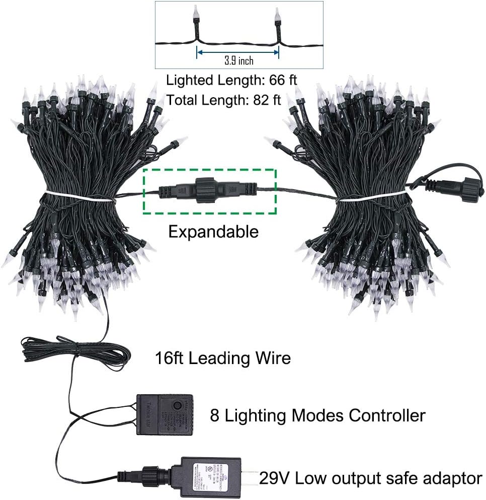 Twinkle Star Outdoor String Lights Christmas Lights 200 LED 66ft Mini Green Wire Fairy Lights with 8 Lighting Modes, Christmas Tree Garden Wreath Party Wedding Indoor Decorations, Multicolor
