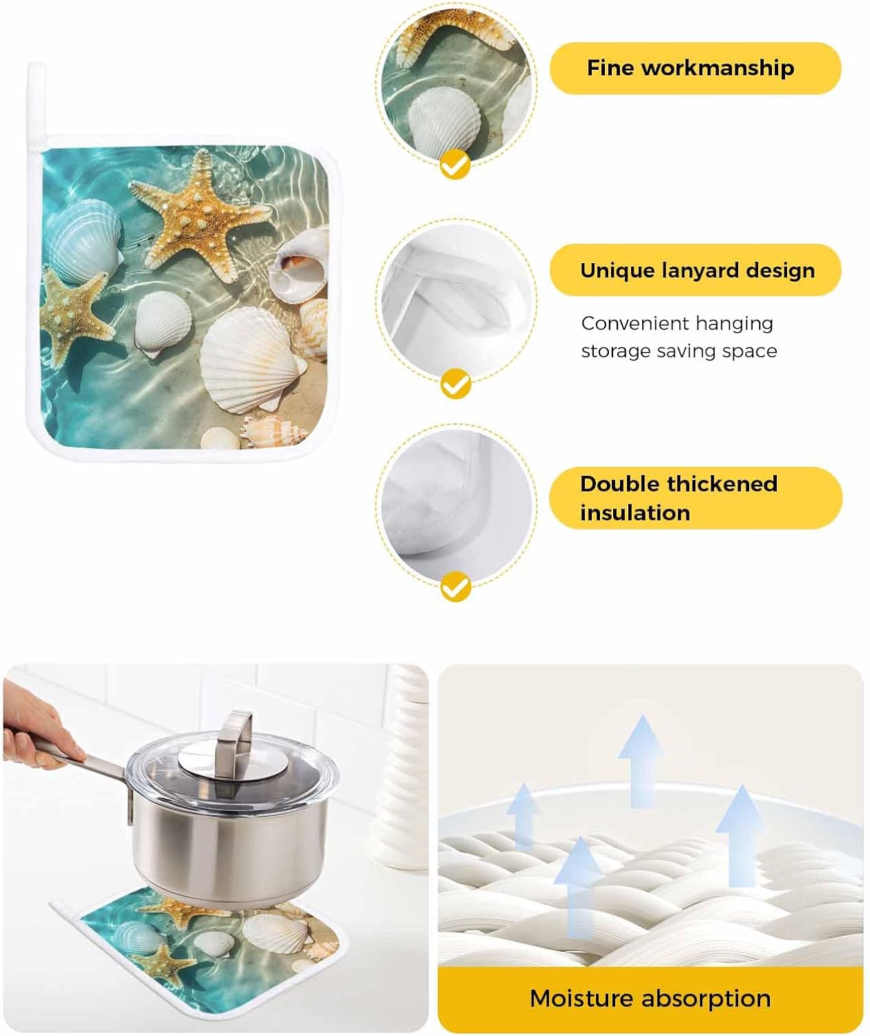 Pot Holders for Kitchen Ocean Starfish Coastal Shell Set of 5 Potholders Heat Proof Non-Slip Oven Pot Holder Insulation Terry Cloth Hot Pad with Loop Summer Sea Beach