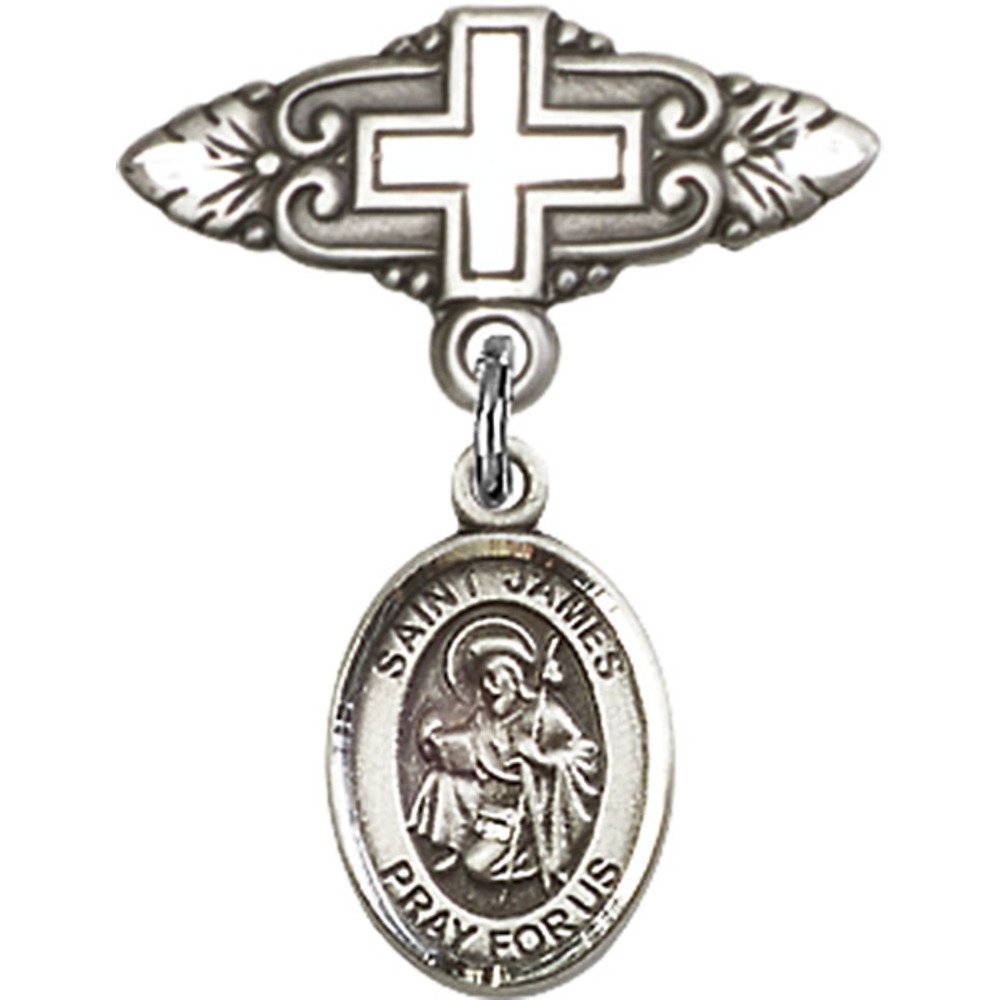 Sterling Silver Baby Badge with St. James the Greater Charm and Badge Pin with Cross 1 X 3/4 inches