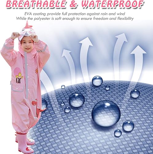 Miniatura 3 de OUTFANDIA Kids One Piece Rain Suit, Breatheable Coverall Rain Jacket Hooded Rain wear for Boy Girl 3-10 Years, Zip-up and Button Front