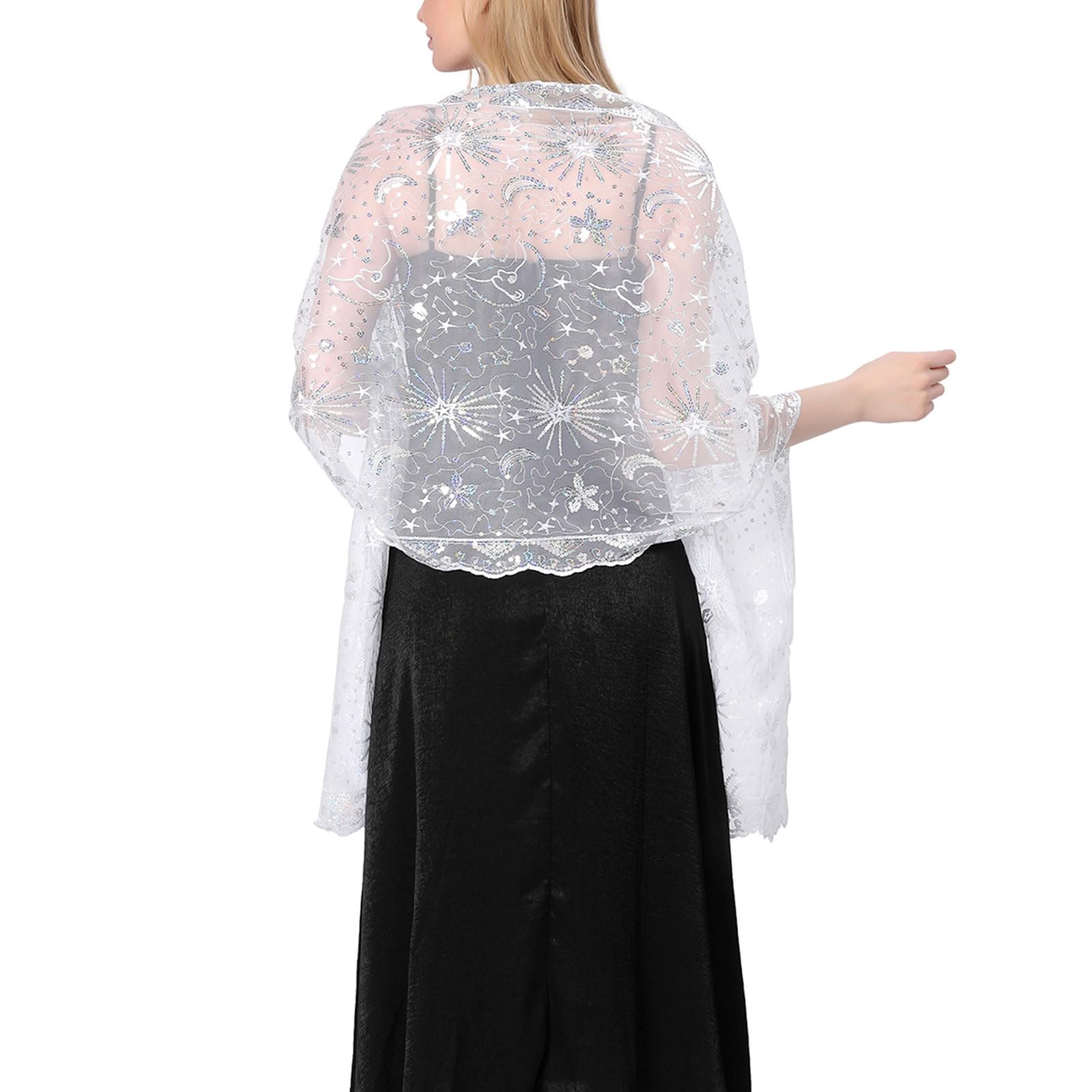 Ladiery Sequin Stars Moons Shawls and Wraps for Evening Dresses,Women sparkly Sheer Mesh Wedding Shawls for Evening Party