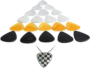 WINGO Guitar Picks with Grip Stamped 20 Pack, Non Slip Textured Picks 073, 088, 1.0, 1.25, 1.5mm with a Metal Pick Necklace for Acoustic Electric Guitars Bass