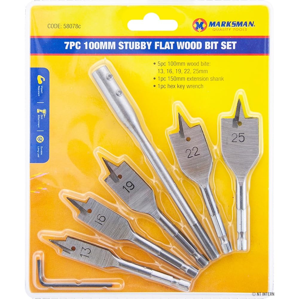 Bargains-Galore 7Pc 100Mm Stubby Flat Wood Bit Set Drill Extension Short New Hex Key Wrench Work