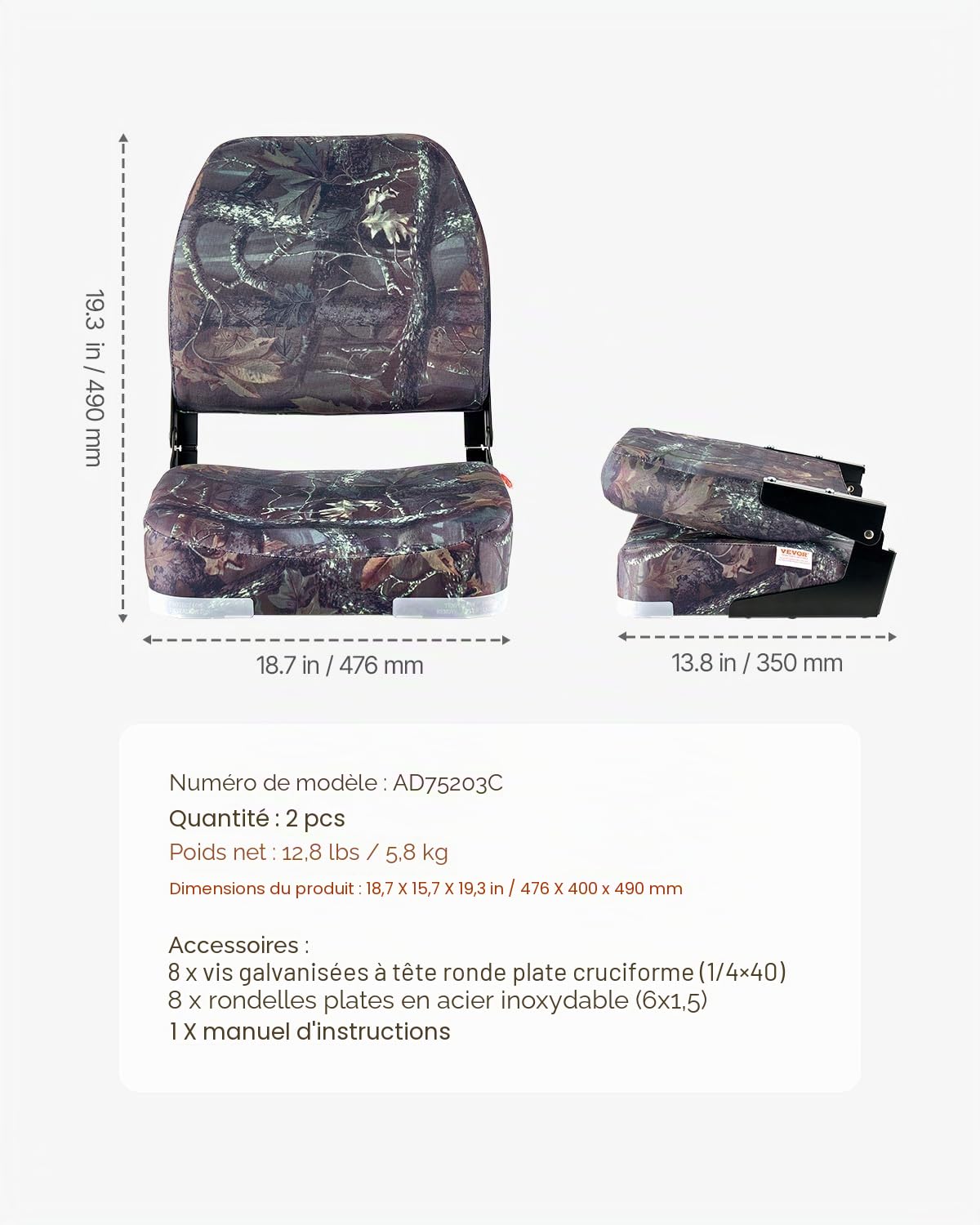 VEVOR Siège de bateau à dossier bas, chaise de bateau de pêche pliable avec coussin en éponge épais et tissu en polyester PU, cadre en PP solide, rabattable, pour yachts, navires, 2 pièces, camouflage