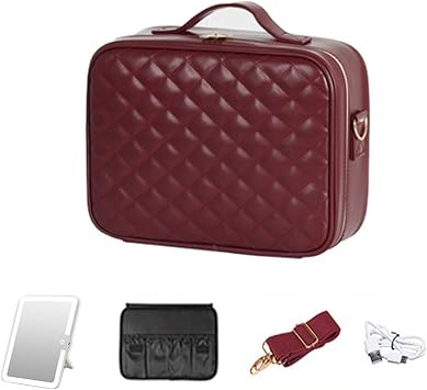 HJXGQJM Travel Makeup Bag with LED Mirror, Makeup Organizer with Lighted Mirror, Ideal Travel Essentials for Women,PU Leather Material,Three-Colour Light Source Makeup Organiser Bag