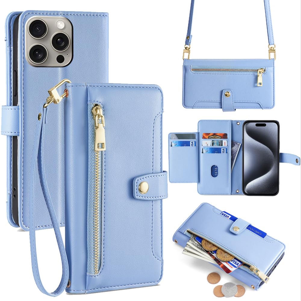 Compatible with Infinix Smart 8 4G / Smart 8 HD Flip Kickstand Lanyard Zipper Card Slot Wallet Case Blue