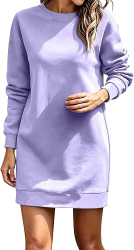 Sweatshirt Dress Women Crewneck Oversized Mini Long Sleeve Dress | Long Sleeve, Drop Shoulder, Ribbed Sleeve Cuffs, Crew Neck, Soft Fabric, Holiday, Vacation, Pullover Hoodie, Purple, XL