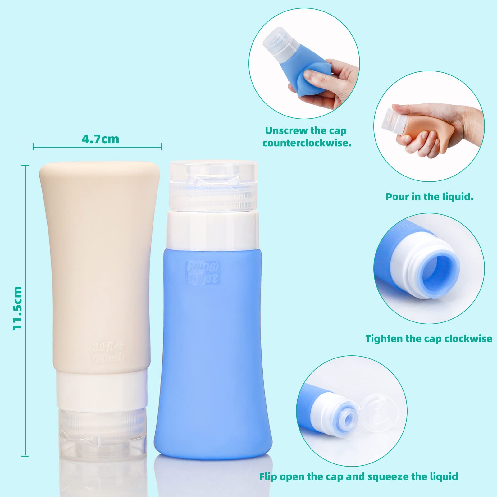 Flacons De Voyage Silicone 90ml - Lot De 4 - Anti-fuite Et Sans BPA - Parfait Pour Toiletries