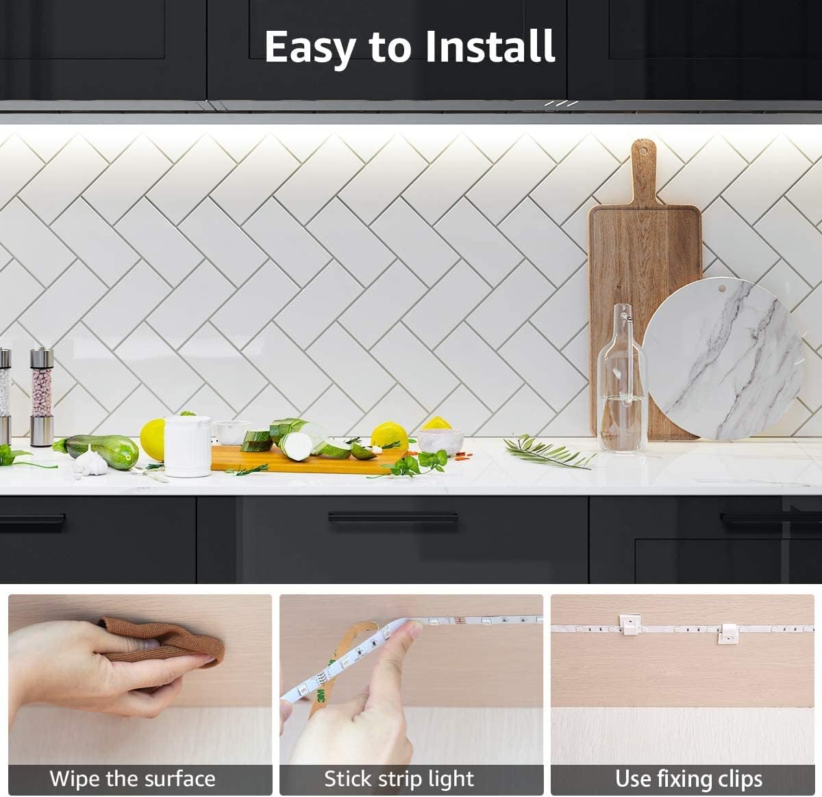Three steps for easy installation of the LED strip light: wiping the surface, sticking the strip light, and using fixing clips.