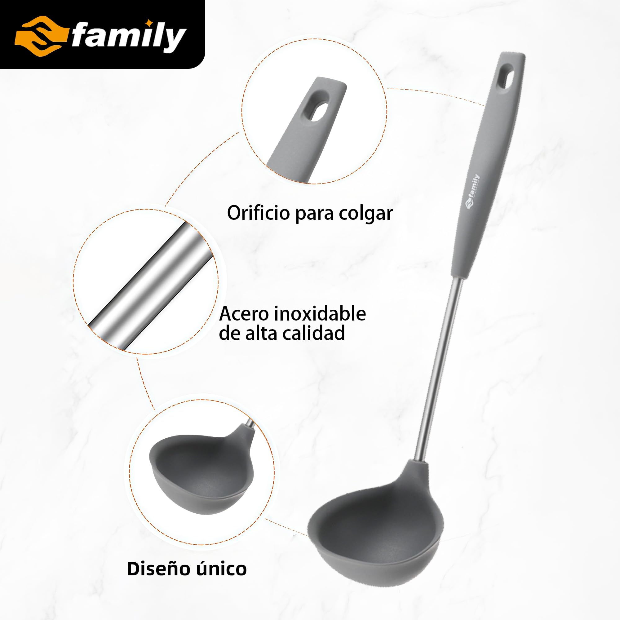 FAMILY Espumadera de Silicona para Cocina 37.5x11cm, Mango Ergonómico U de Acero Inoxidable, Resistente al Calor y Antiadherente, Perfecta para Freír, Escurrir y Servir Alimentos