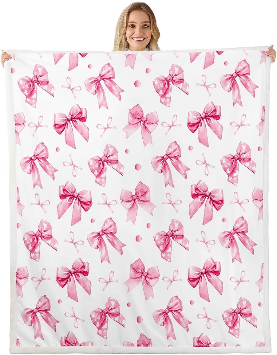 Cute Bowknot 40"x50" Coquette Bows Fleece Throw Blanket for Kids Boys Girls Decor Watercolor Bow Sherpa Blanket Plush Fuzzy Soft Lightweight Dreamy Princess Style Bedroom Decor Black Pink White