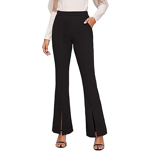 WDIRARA Women's Elastic High Waist Split Hem Flare Leg Elegant Long Pants