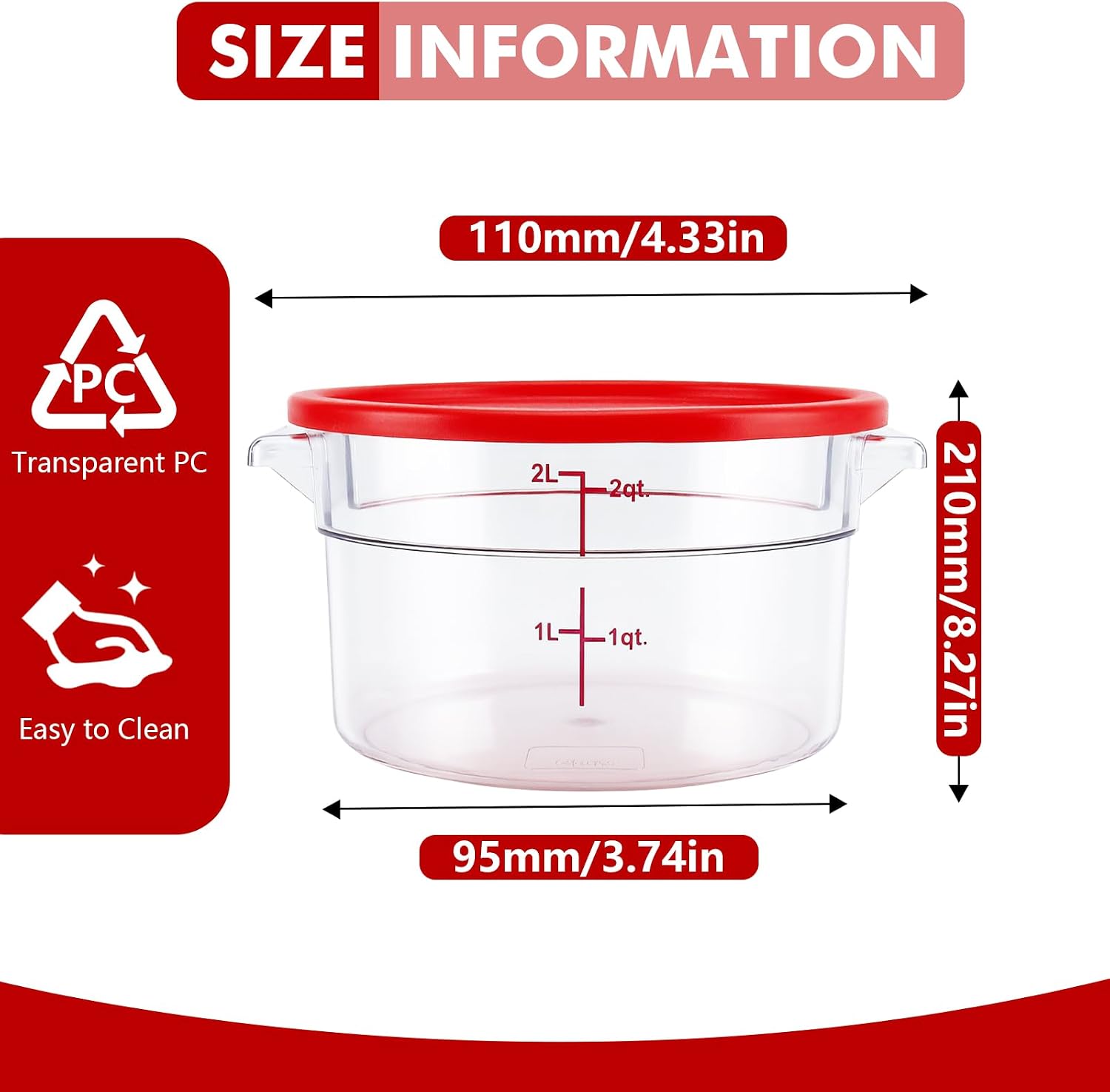 4-Pack Food Storage Containers with Lids,Round Plastic Containers for Kitchen, Food Grade, BPA-Free, Stackable, Clear Red Storage Buckets (Red, 2L)