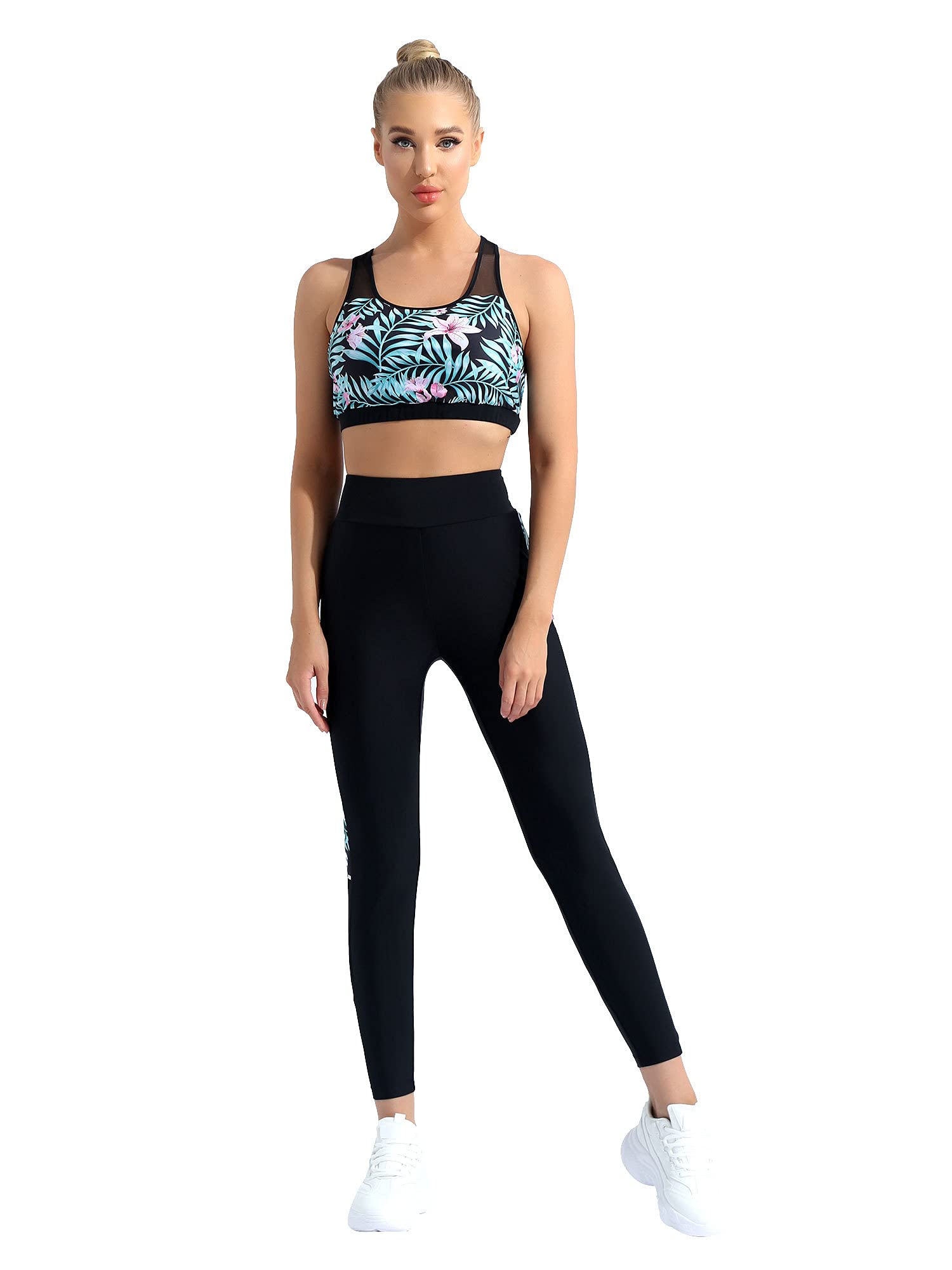 Womens Sports Outfits Mesh Racer Back Crop Tops Yoga Long Pants Gym Workout Sets Tracksuits