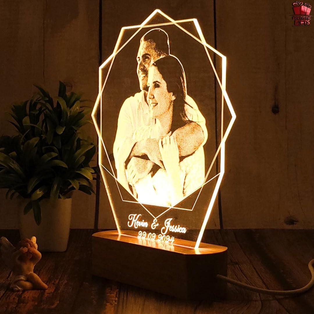 Artistic Gifts Acrylic Handcrafted Personalized 3D Illusion Photo Lamp for Couples| Customized Photo Frame Night Lamp Wedding Anniversary Gift for Valentine, Couple, Wife, Husband, Parents, Friends. 3