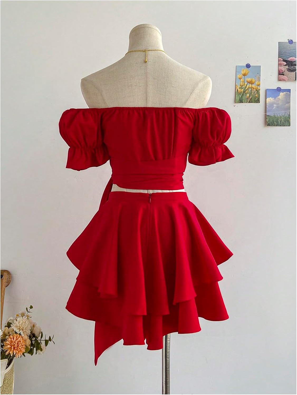 SweatyRocks Women's 2 Piece Outfits Off The Shoulder Puff Sleeve Crop Top and Ruffle Layered Shorts Set - Image 2