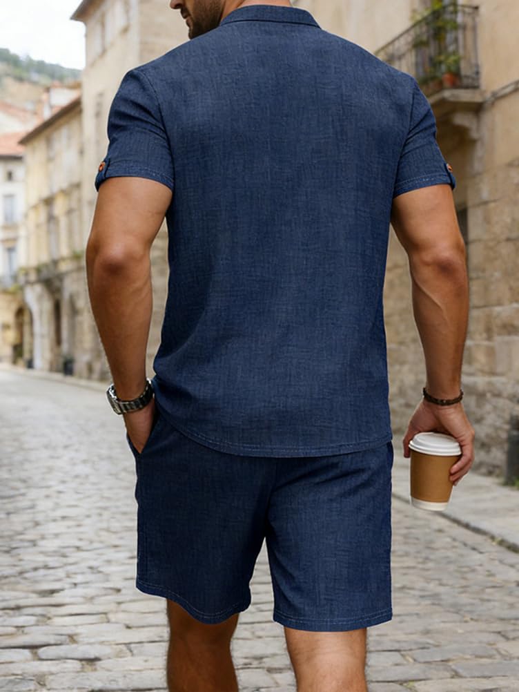 Ensemble Homme Ete Chemise Lin Manches Courtes et Short Set Jogging Ensembles Survêtement 2 Pièces Tenue de Plage Décontracté