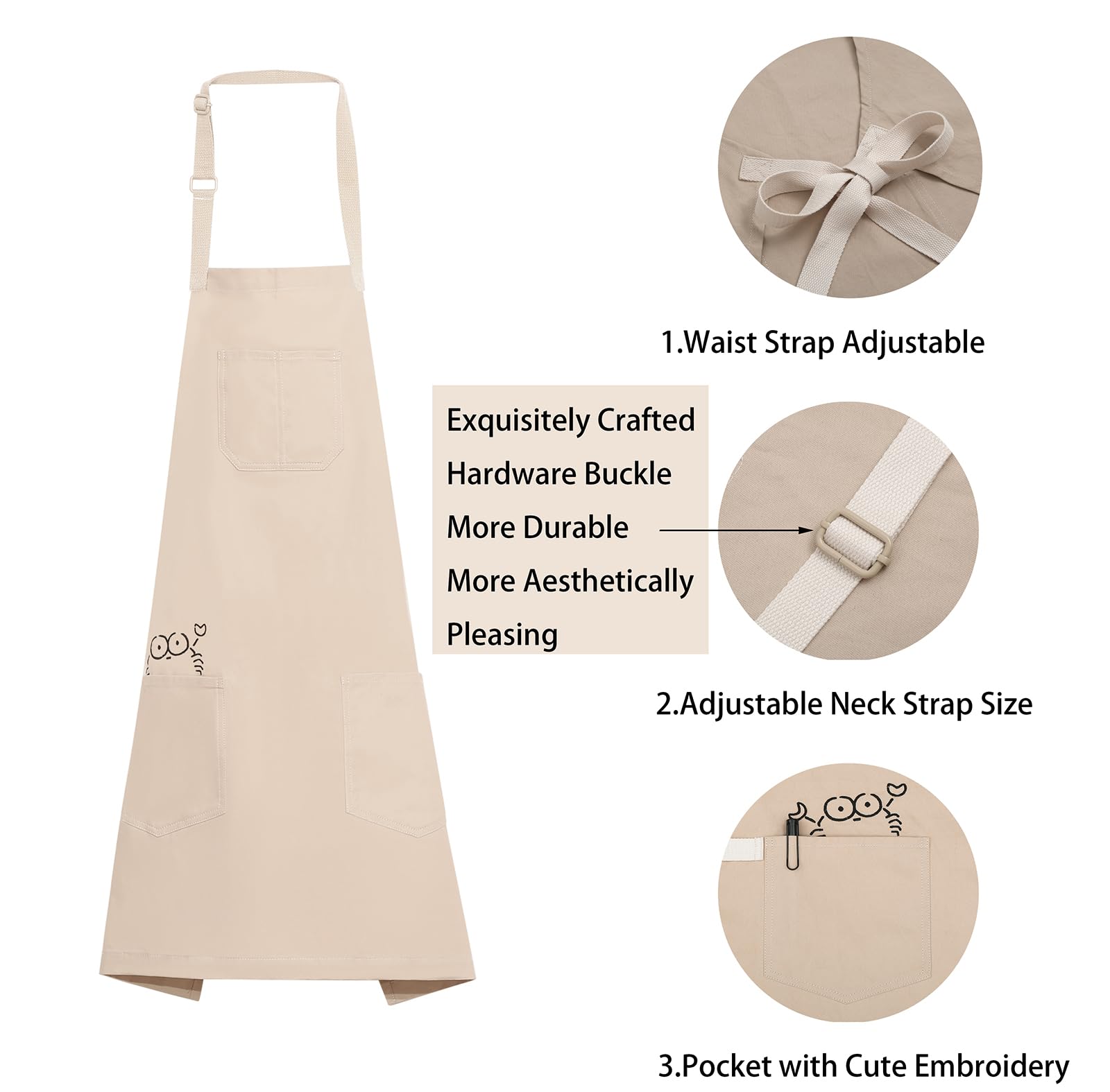 Pincy Soft Cotton Apron - Unisex Adjustable Bib Apron, Art Apron with Embroidered, Great for Florist and Kitchen (Beige) - Image 4