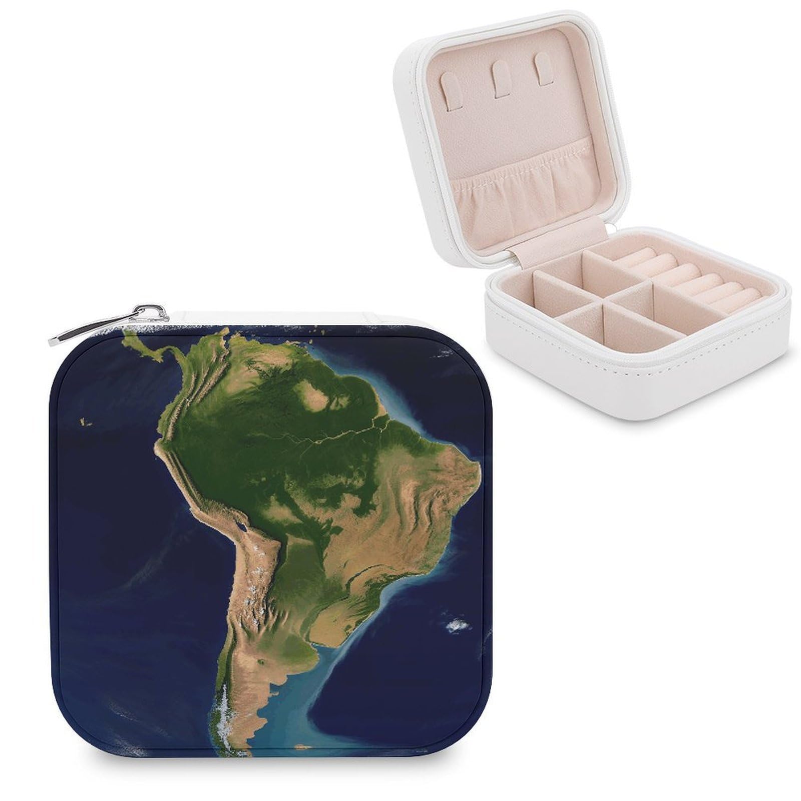 FekiLoot South America Satellite Image Jewelry Box Custom Jewelry Travel Case Pu Leather Trinket Organizer Box to Organize Ring Pendant Earring Small Portable Jewelry Storage Holder for Women