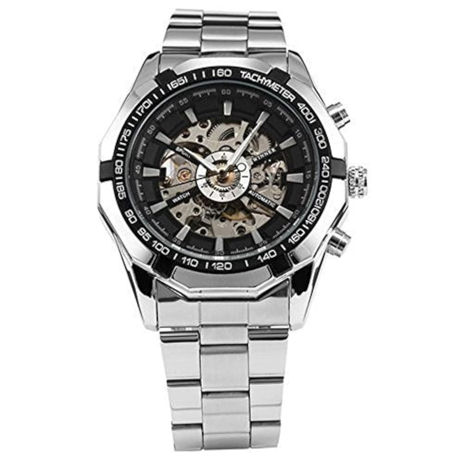 FANMISRussian Skeleton Black Dial Silver Stainless Steel Luxury Men's Automatic Mechancial Wrist Watch