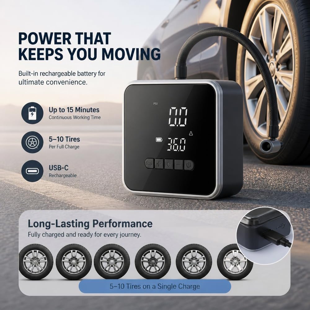 KinZon Gonfiatore Pneumatici Auto 150 PSI, Mini Compressore D'Aria Portatile Ricaricabile Senza Fili e 12 V, Spegnimento Automatico, Schermo Digitale, Lampada LED per Auto, Moto, Bicicletta