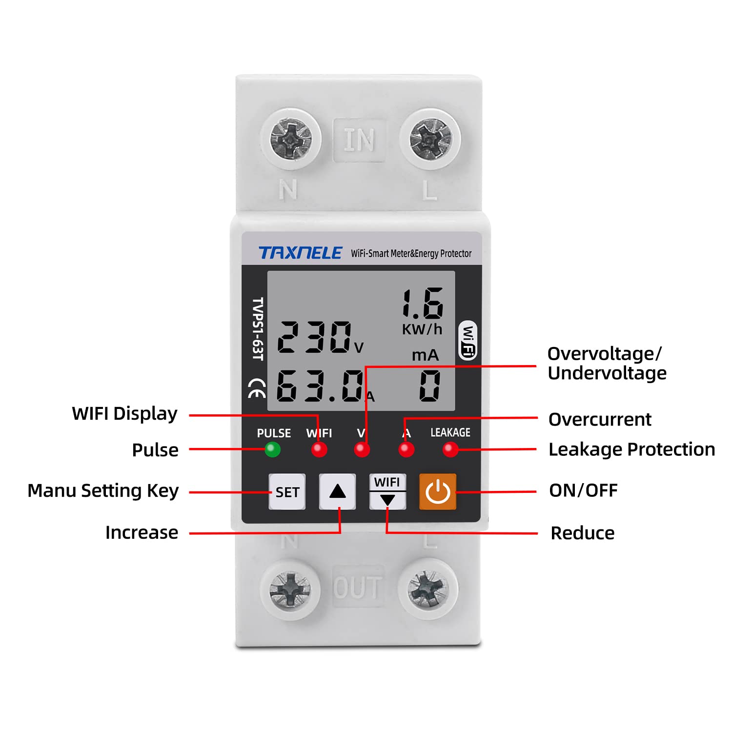 Contatore di energia intelligente Wi-Fi CA 63A 80-300V Protezione contro le perdite di terra intelligenti da sottotensione Relè Dispositivo Interruttore Energia 230V Smart Life APP (Nero)