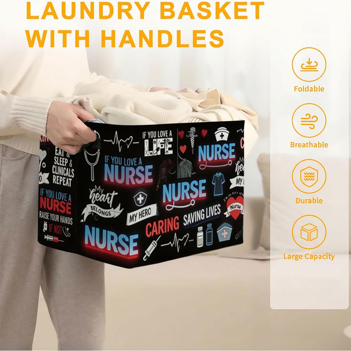 Nurse Theme Laundry Hamper with Handles,Large 56L Foldable Square Clothes Basket Multi‑Use Blanket Storage Bins for Organizing Books,Toys,Gifts,Room Decoration,Laundry Room,Dorm Nursery image 3