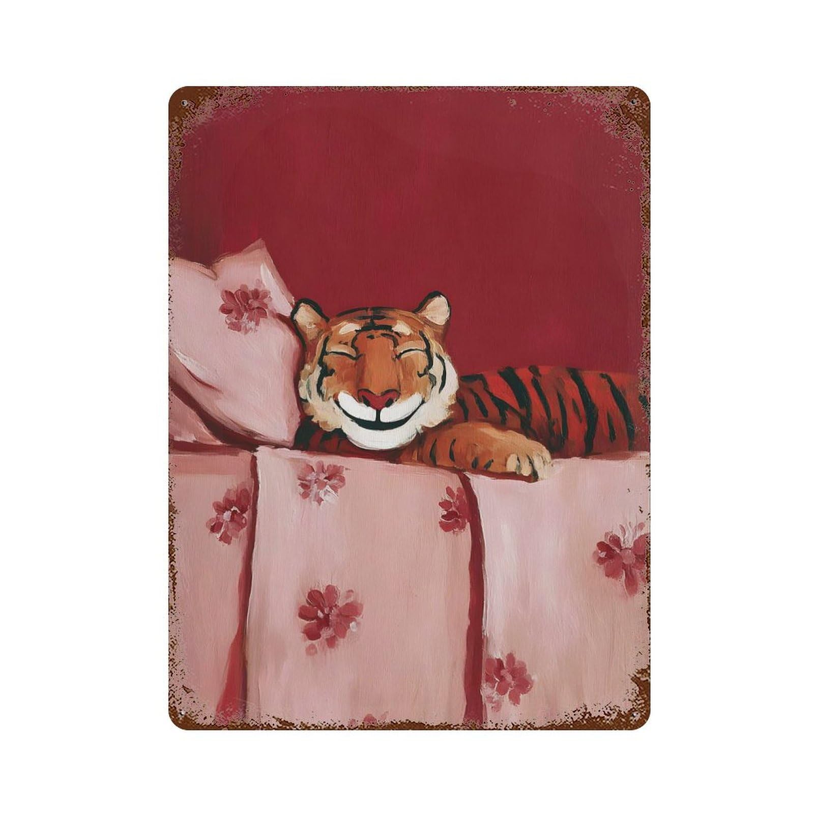 Sleeping Tiger Painting Weathered Tin Sign 15.7"x11.8", Farmhouse Wall Decor for Garage, Pub Or Kitchen
