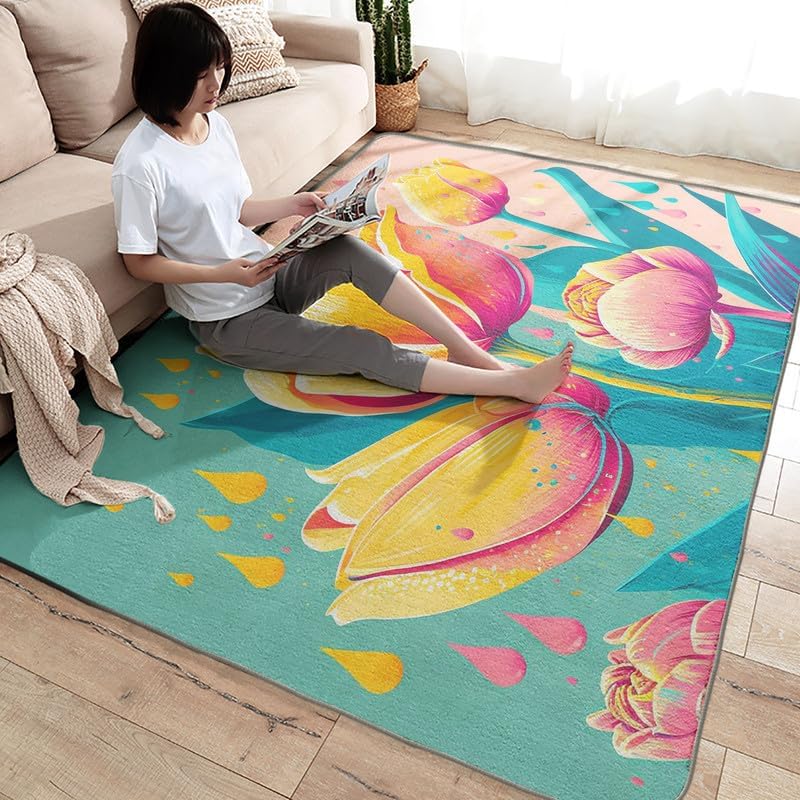 Miniatura 4 de Alfombras de tulipán para entrada, dormitorio, sala de estar, 2 x 3 pies, con plantas florales, lavables, antideslizantes, suaves, de pelo bajo,